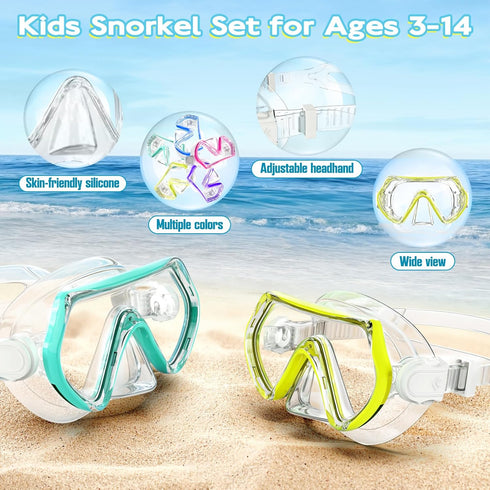 ZipAura 2 Sets 3-14, 180 Set, Swimming Kids Snorkeling Gear for Ages Anti-Fog Clear View Dry Top Snorkel Mask with Nose