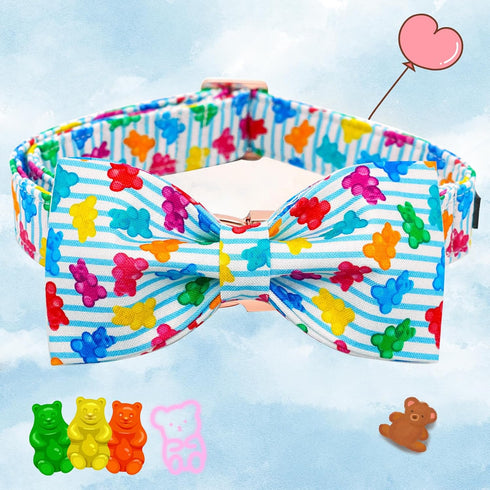 Elegant Little Tail Dog Collar - Summer Bow Tie Collar with Blue Bear Print for Medium Dogs