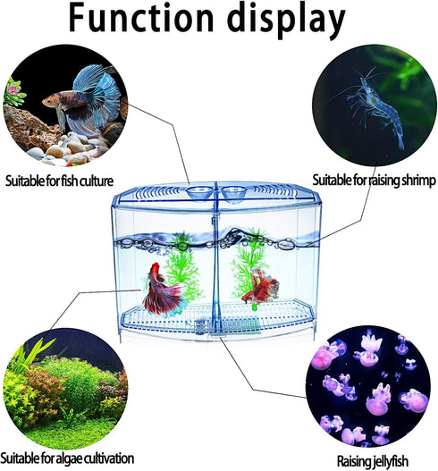Mini Fish Tank with Divider, Small Beta Fish Tank Shrimp Tank, 2/5 Gallon Double-Compartment Acrylic Habitat