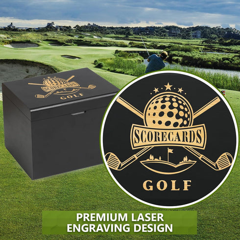 Golf Scorecard Collection Box with 5 Wooden Dividers - Organizer for Scorecards, Photos, Keepsakes; Great Gifts for Dads