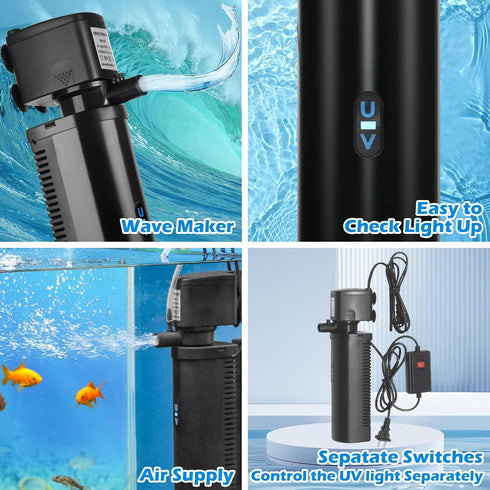 TARARIUM Aquarium Filter U-V for 20-75 Gallon, 200GPH with 5W U-V Light for Crystal Clear Water
