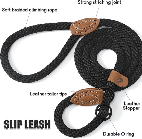 Mile High Life Heavy Duty Slip Leads for Dogs: 4 Feet No Pull Dog Training Leash with Leather Tip, Black Rope Lead