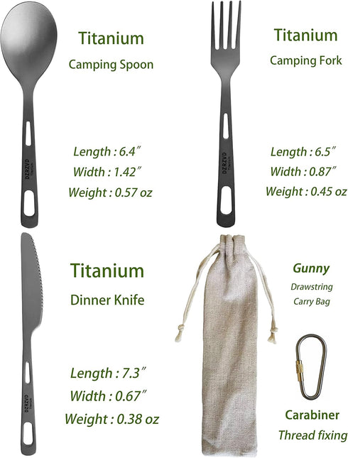 Titanium Utensils Set, Ultra-light Spoon Fork Knife with Carabiner for Camping and Travel