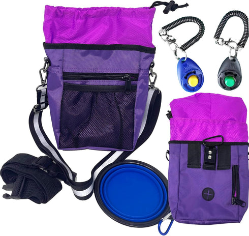 Jalousie Dog Training Pouch with Clicker and Water Bowl - 5 Ways to Wear, Built-in Poop Bag Dispenser