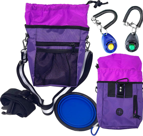 Jalousie Dog Training Pouch with Clicker and Water Bowl - 5 Ways to Wear, Built-in Poop Bag Dispenser