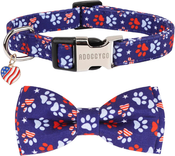 ADOGGYGO American Flag Dog Collar with Bowtie, 4th of July Adjustable Patriotic Collars for Small Medium Large Dogs