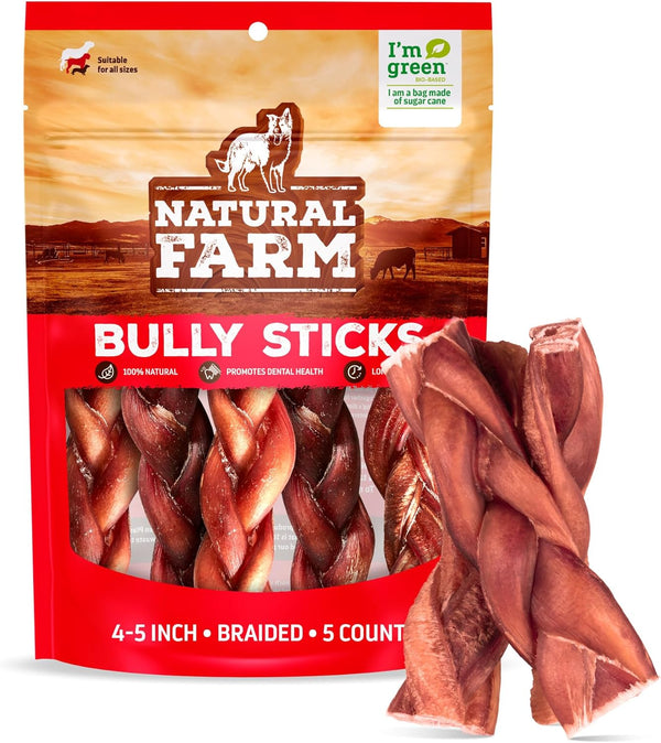 Natural Farm Odor-Free Braided Bully Sticks (4-5 Inch, 5 Pack) - 100%