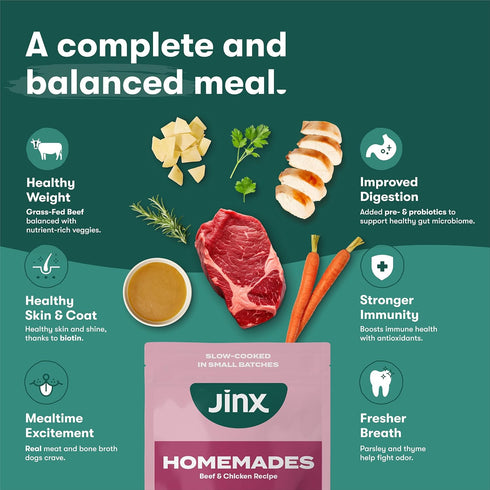 9oz, 6 Pack Jinx Beef & Chicken Grain Free Wet Dog Food Pouches, Meal or Dog Food Topper Mix-in, Made with Real Beef