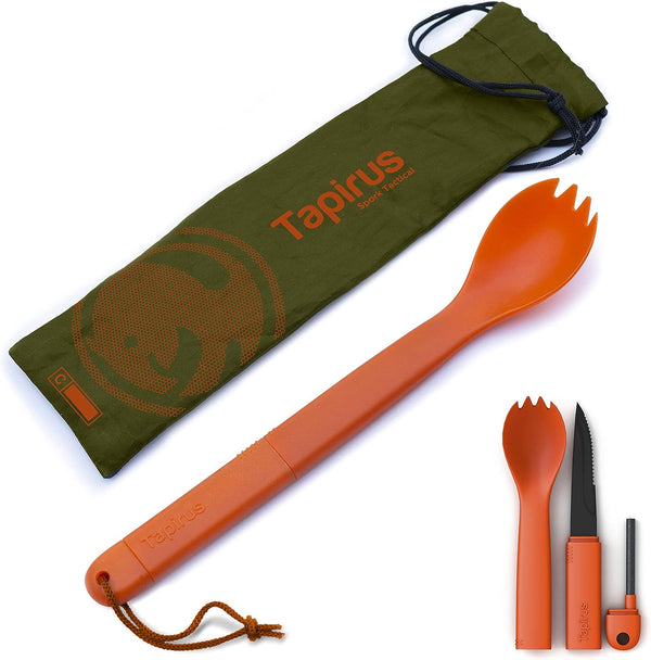Tapirus Spork Tactical Orange - BPA Free Spoon Fork, Stainless Steel Knife and Fire Starter for Outdoors