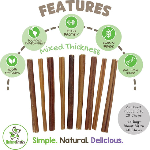 Nature Gnaws Thin Bully Sticks for Dogs 5-6" (8oz) - Mixed Thickness, Long Lasting for Small Dogs and Puppies