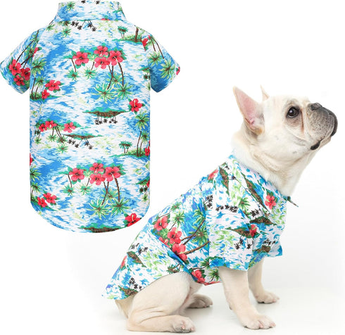 EXPAWLORER Dog Hawaiian Shirt, Summer Clothes, Breathable Polo T-Shirts with Floral and Sea Island Pattern