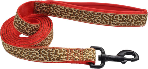 Coastal Ribbon Weave Leash, Brown Leopard on Red, 1" x 6'