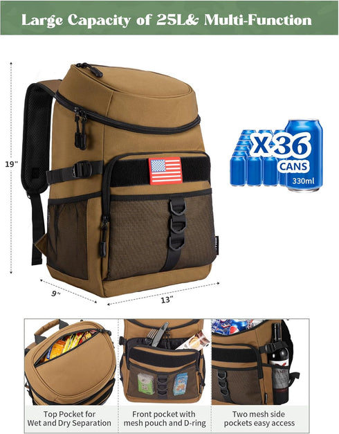 JOYHILL Backpack Cooler - Tactical Insulated Soft Cooler Bag, Large Capacity for 36 Cans/25 L, Leakproof for Men and