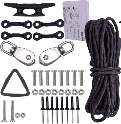 Kayak Canoes Anchor Trolley Kit System with Pulleys, Pad Eye Cleats, Ring, 30 Feet of Rope