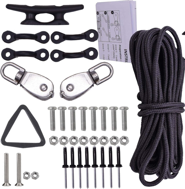Kayak Canoes Anchor Trolley Kit System with Pulleys, Pad Eye Cleats, Ring, 30 Feet of Rope