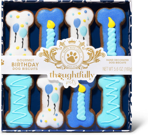 Thoughtfully Pets Dog Birthday Cookie Gift Set, Hand Decorated Crunchy Dog Treats in Bone Shapes, Set of 8