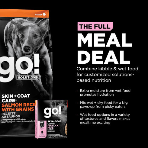 Go! Solutions Skin + Coat Care Wet Dog Food, Pollock Pâté with Grains, 12.5 oz