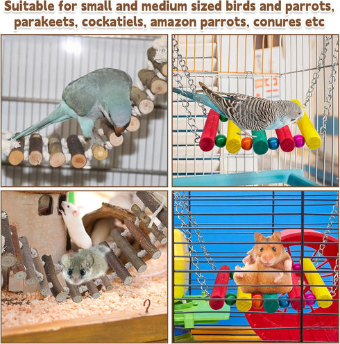 PINVNBY Bird Parakeet Toys, Bird Rope Ladder Swing Hammock Toys, Natural Wood and Rope, Parakeet Cage Accessories for