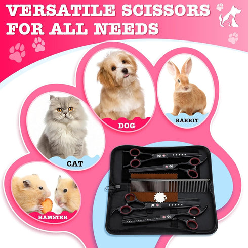 7" 6 1 Set Dream Reach Dog Grooming Scissors - Professional in Sharp Dog Shears Thinning, Chunker, Straight, Curved
