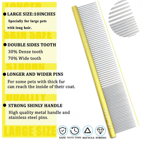 10in Large Dog Grooming Comb for Shedding, Metal Comb with Long Wide Tooth for Poodles and Goldendoodles, Gold
