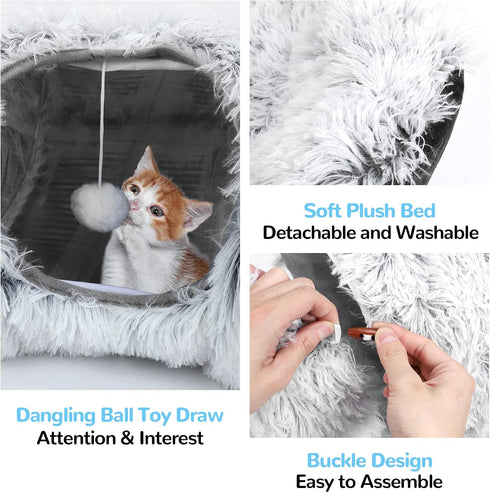 HAITRAL 2-in-1 Plush Cat Tunnel Bed,Cat Toys Cat Tube for Indoor Cats,Collapsible Washable Donut Cat Bed Cat Play