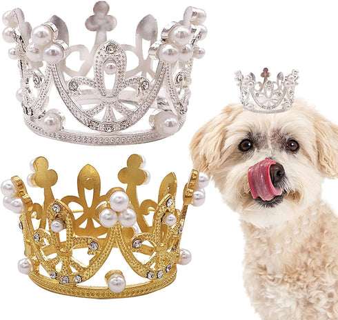 PET SHOW 2pcs Small Dog Crown Headband, Silver Gold Rhinestone Faux Pearl Crown for Birthday Party, Wedding Costume