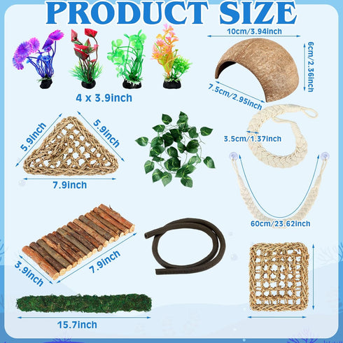 Fiwochic 14 Pcs Hermit Crab Accessories Natural Hermit Crab Toys Coconut Shell Hideout Climbing Bridge Moss Stick