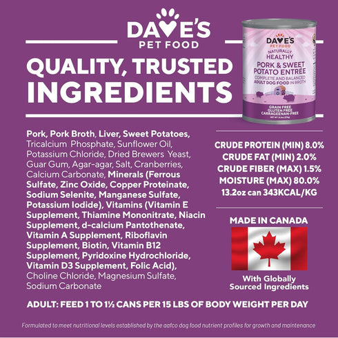 Dave's Pet Food Grain Free Wet Dog Food, Pork & Sweet Potato in Broth, 13.2 oz Cans, Case of 12, Made in Canada