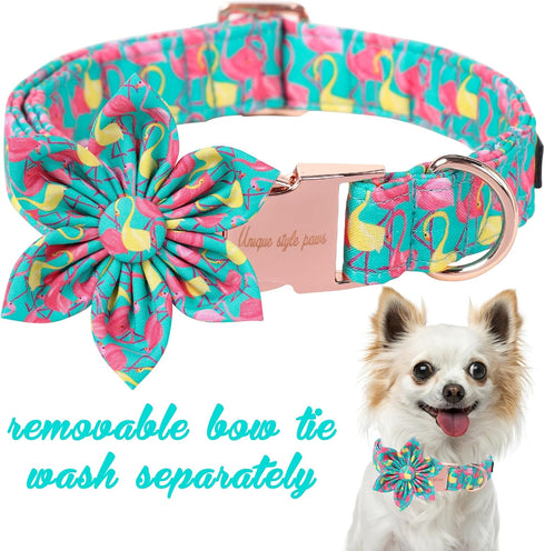 Unique Style Paws Summer Dog Collar with Floral Bow, Flamingo Bow Tie Puppy Collar, Cute Green for Small Medium Large