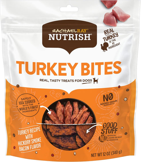 Rachael Ray Nutrish Turkey Bites: Real Meat Grain Free Dog Treats, Turkey Recipe with Hickory Smoked Bacon Flavor, 12