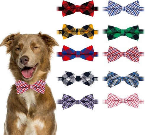 BWOGUE Plaid Dog Bow Ties - 10pcs Adjustable Bowties for Small Medium Large Dogs and Cats
