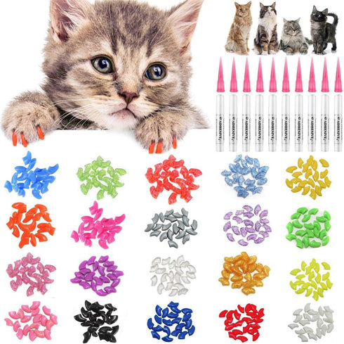 100pcs Cat Nail Caps Kitten Caps with 5pcs Adhesive Glue + 5pcs Applicators + Instruction