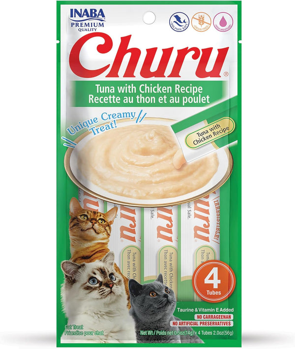 INABA Churu Cat Treats, Grain-Free, Lickable Creamy Purée Cat Treat/Topper, 0.5 Ounces Each Tube, 4 Tubes
