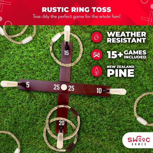 Setup Swooc Games - Rustic Ring Toss Game (All Weather) - Easy & Extra Games Included - Ring Toss Game for Adults