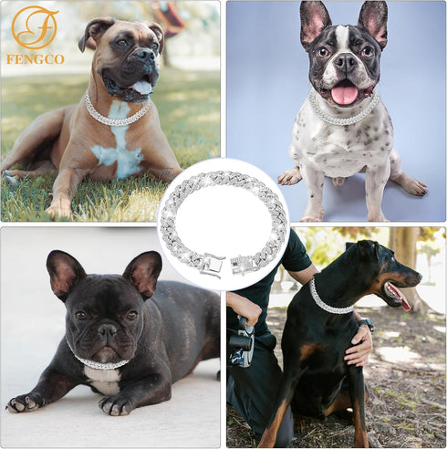 Silver Dog Chain Collar, Diamond Cuban Link, 13mm Wide, Pet Crystal Collar Jewelry for Small Medium Large Dogs (16 inch)