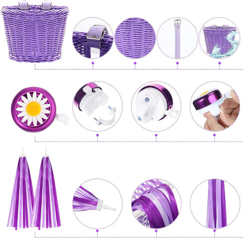 Kid's Bicycle Basket Streamers Set, Children's Wicker Basket with 2 LED Wheel Lights, Daisy Bike Bell