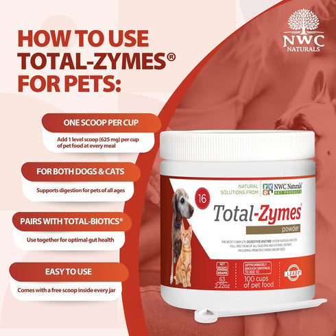 NWC Naturals Total-Zymes Digestive Enzymes for Cats and Dogs, Unflavored, 100 Servings, 2.2 Ounces