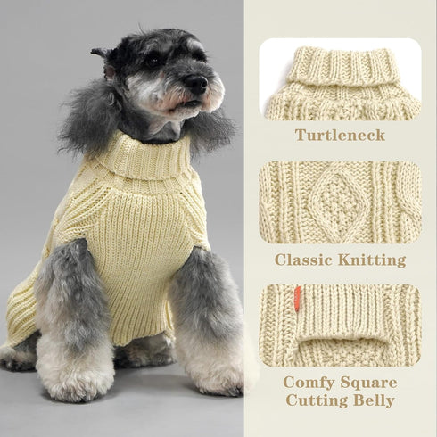 KYEESE X-Large Dog Sweaters for Medium Dogs, Beige Turtleneck Cable Knit Pullover for Cold Weather