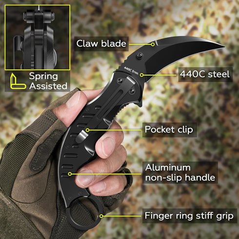 Spring Assisted Karambit Knife - Tactical Karambit Folding Knife - Pocket & Folding Knife - Military Sharp Tiger Claw Knives - Best Combat for Hunting Camping EDC for Men - Birthday Mens Gifts X-42 by GOOD WORKER