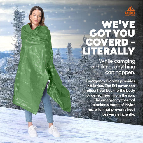 Mylar Emergency Blankets (4 Pack) - Heavy Duty Thermal Survival Blankets 82" x 62" for Camping and First Aid, Green