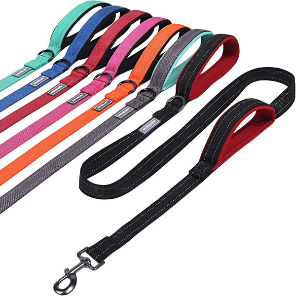 VIVAGLORY Black Traffic Handle Dog Leash with Two Padded Soft Handles, Strong Reflective & Metal Hook for Training