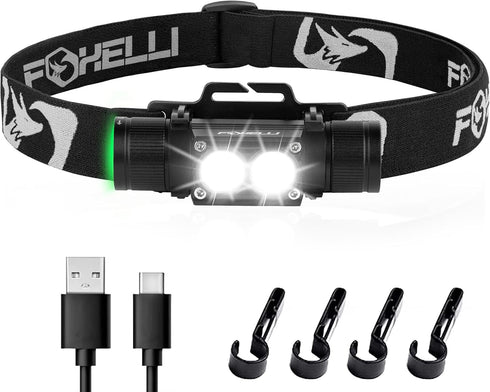 Foxelli Ultra Bright Rechargeable Headlamp - 1200 Lumen LED Light, IPX7 Waterproof, with Battery & Hooks
