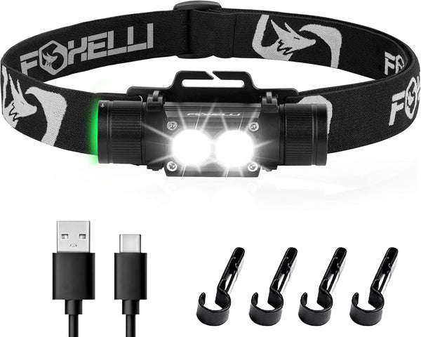 Foxelli Ultra Bright Rechargeable Headlamp - 1200 Lumen LED Light, IPX7 Waterproof, with Battery & Hooks