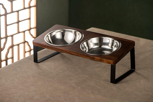 Ceramic Pet Bowl Set - Double Bowls for Cats, Dogs and Puppies with Non-Slip Wood Stand - 8 oz Each Bowl (5.5", Stainless Steel)