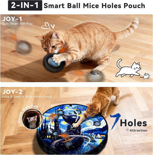 KiwiLove 7-Hole Interactive Cat Toy with Motion Activated Ball & Play Mat, Hide and Seek Exercise Game for Indoor Cats