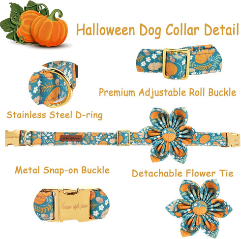 Unique style paws Halloween Dog Collar with Flower Tie - Adjustable Pumpkin Cotton Collar for Small Medium Large Dogs