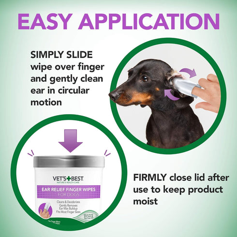 Vet's Best Ear Relief Finger Wipes - 50 Disposable Cleansing Wipes for Dogs, Soothes & Deodorizes