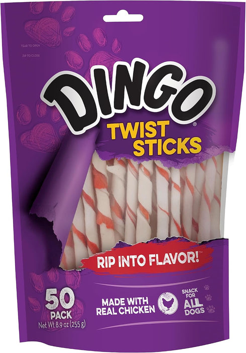 Dingo Twist Sticks - 50 Count Rawhide for Dogs, Made with Real Chicken