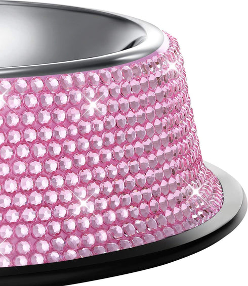 SAVORI Bling Dog Bowls - Pink, 640ML Handmade Rhinestones Stainless Steel Pet Bowls, Set of 2
