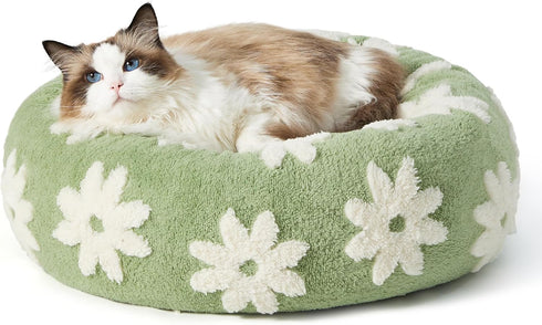 Lesure Round Cat Bed, Donut Small Dog Bed with Jacquard Shaggy Plush & Anti-Slip Bottom - Green 20 Inch